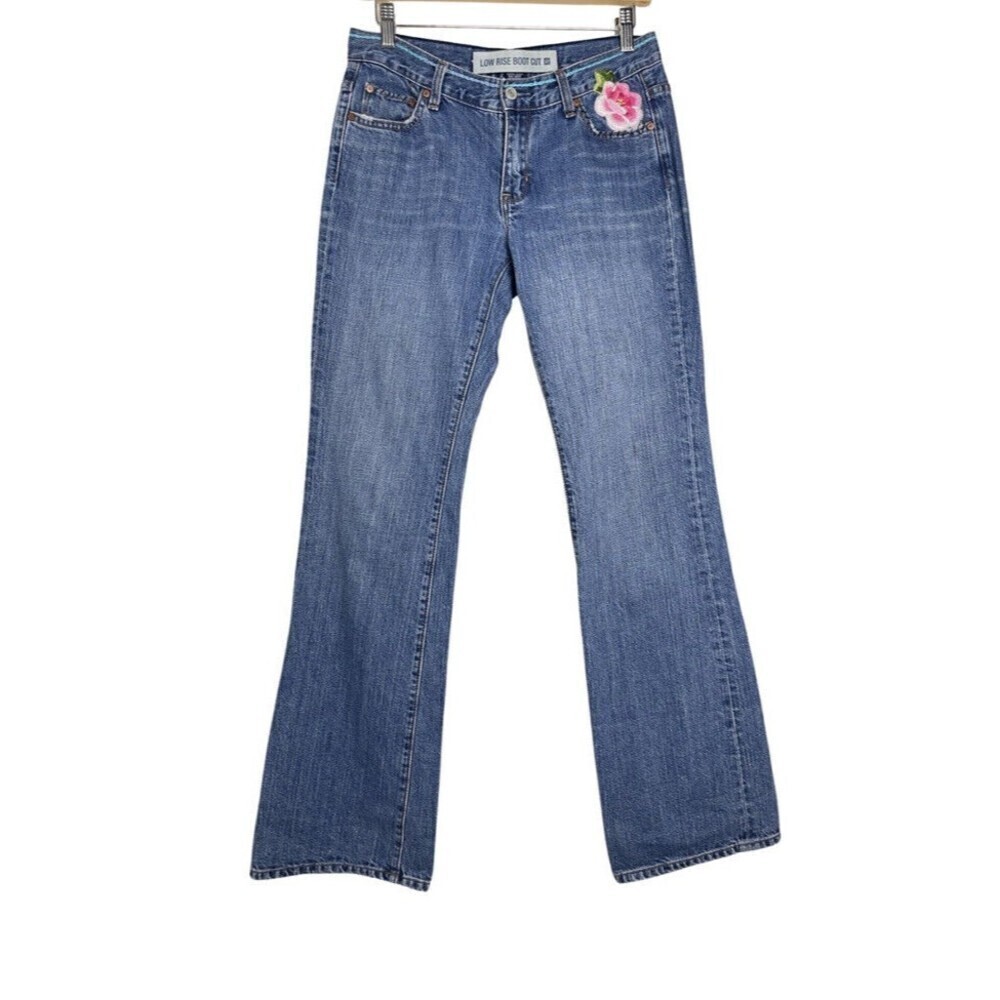 Vintage Gap Womens Low Rise Boot Cut Blue Jeans size 6R Flower Embroidered 2003